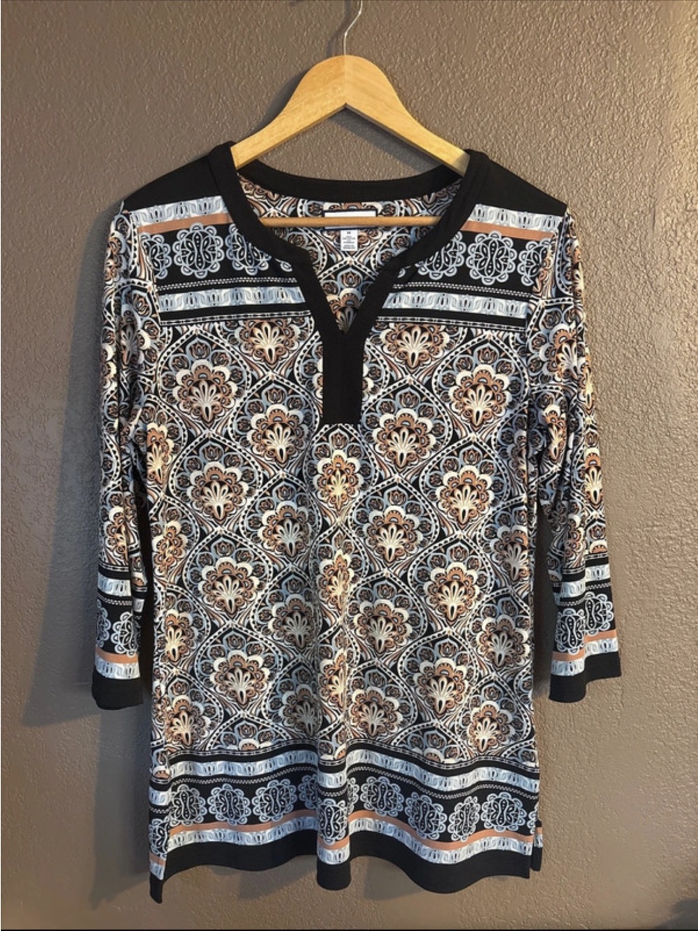 Charter Club Black Cream and Tan Patterned Henley Tunic